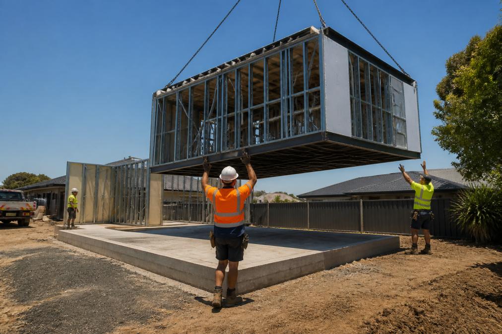Steel-framed modular home module being lifted by a crane onto a permanent foundation on a residential block, construction workers in high-vis guiding it into place under a clear sky