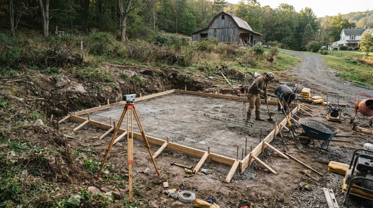 A property with uneven terrain showing a concrete foundation pad being prepared, with a surveying level and measuring tools visible on the ground