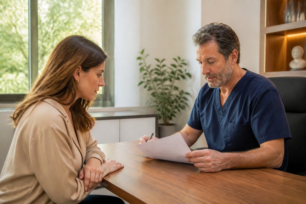 A patient sitting across from a surgeon in a clean, professional consultation room, both looking at documents together in a calm and attentive conversation, warm natural light coming through a window