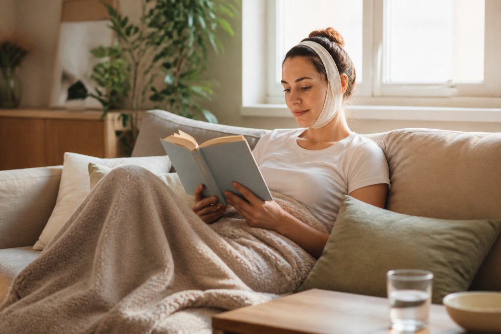 A woman resting comfortably at home on a sofa with a light blanket, reading a book during postoperative recovery, looking relaxed and calm, soft afternoon light in a cosy living room