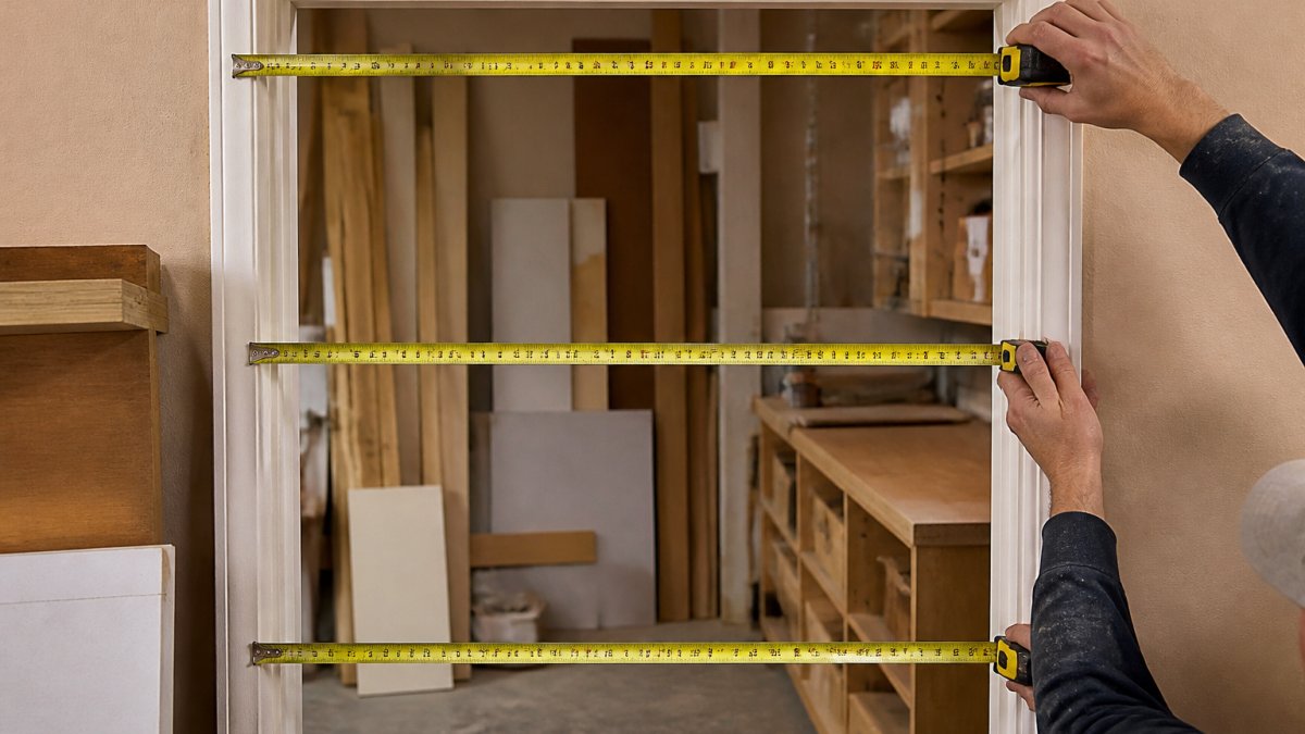 Hands holding a metal tape measure against a door frame, measuring width at top, middle, and bottom of opening with clear numbers visible on tape