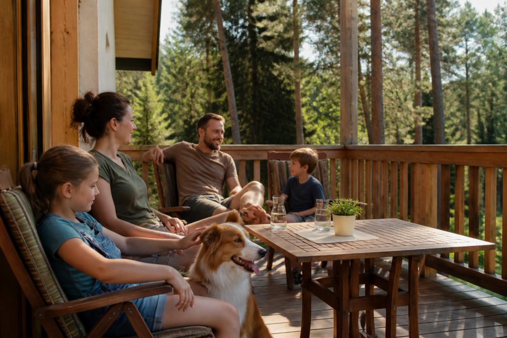 Eine Familie mit zwei Kindern und einem mittelgroßen Hund sitzt entspannt auf einer Holzterrasse einer Ferienwohnung, umgeben von Kiefernwald, warmes Nachmittagslicht fällt durch die Bäume auf die Terrasse
