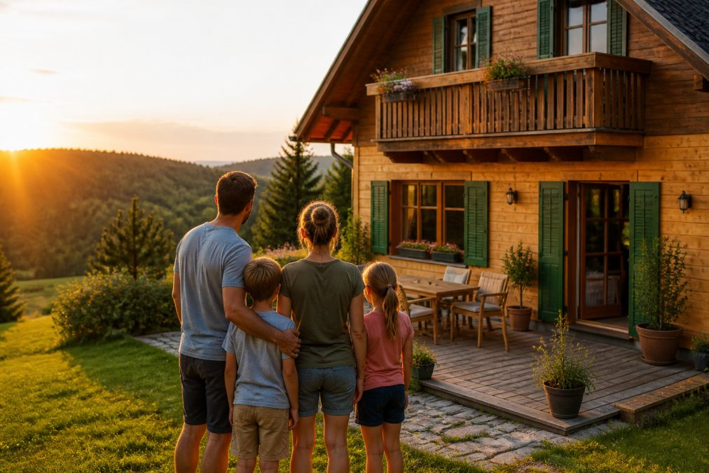 A family with children stands in front of a cozy wooden house in the countryside, surrounded by rolling hills and dense forests in the Waldviertel; warm evening light falls on the patio