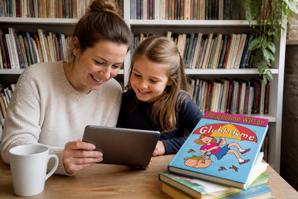 Parent and child browsing second-hand children's books together on a tablet, both smiling and engaged, surrounded by colourful book spines in a home library setting