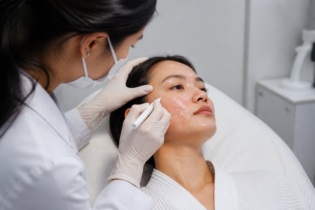 Dermatologist marking treatment zones on a patient's cheek before a fractional laser session, clinical setting with soft lighting