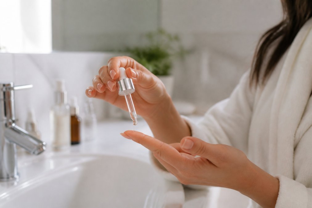 Close-up of a woman's hands applying a few drops of peeling ampoule serum onto her fingertip in a bright bathroom, soft natural light, clean minimalist setting with skincare bottles blurred in background