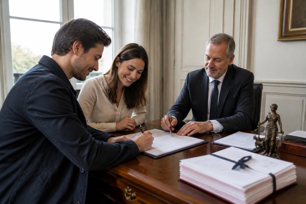 Couple signant des documents chez un notaire, avec dossier de prêt et acte authentique sur le bureau, sous une lumière naturelle douce
