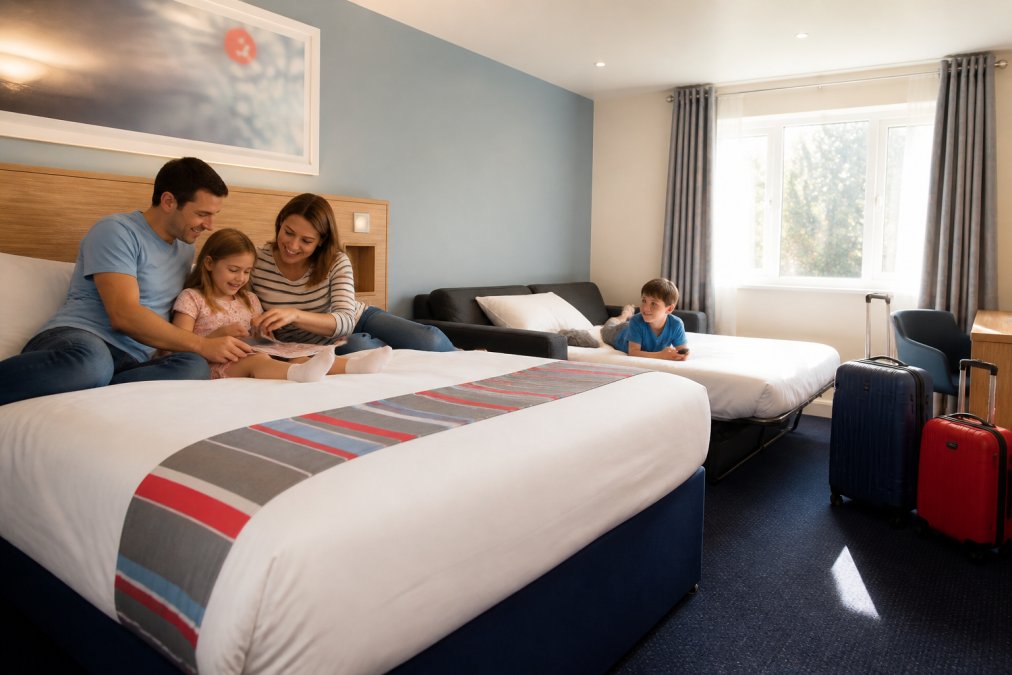 Family of four relaxing in a spacious Travelodge hotel room with a king-size bed, pull-out sofa bed for children, bright natural daylight from windows, comfortable furnishings and luggage visible