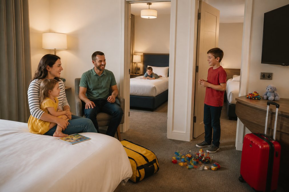 Parents and three children relaxing in a hotel suite with interconnecting rooms, showing multiple sleeping areas with separate beds, family-friendly furnishings, toys and luggage visible, warm natural lighting
