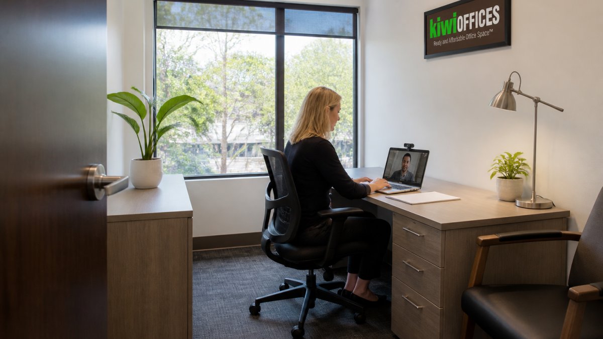 A consultant working alone in a bright, furnished private office suite with a closed door, desk, ergonomic chair, and a laptop open to a client video call