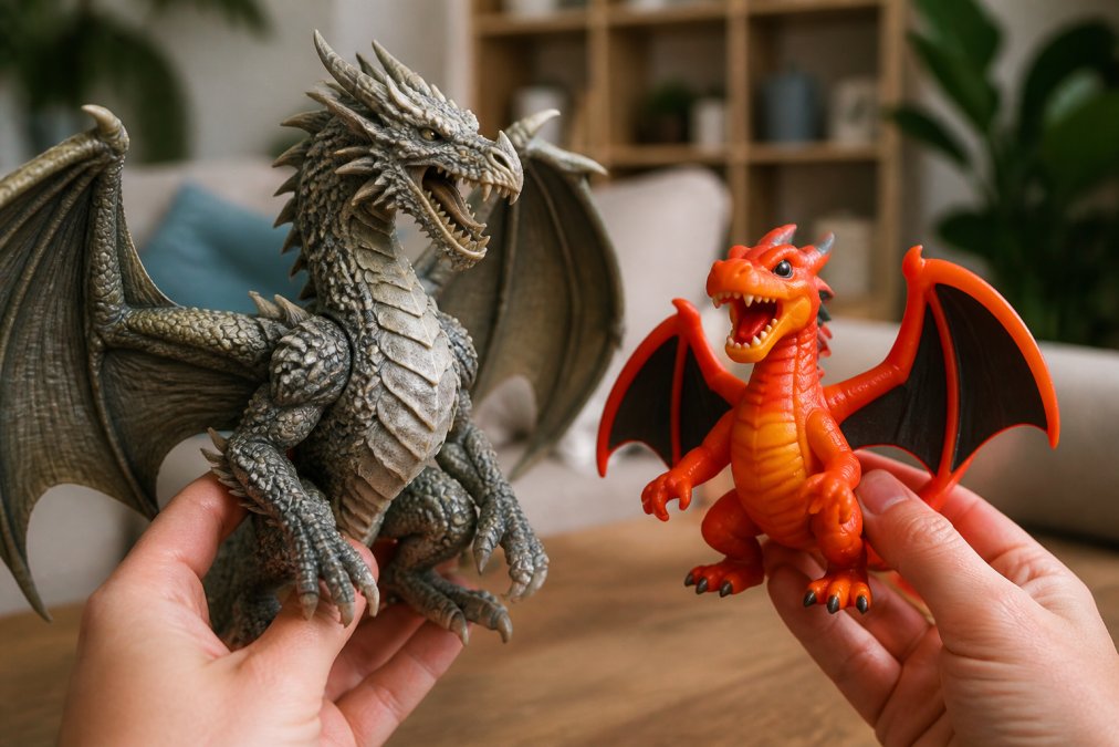Comparison of a detailed premium 3d print dragon versus a mass-produced plastic toy figure