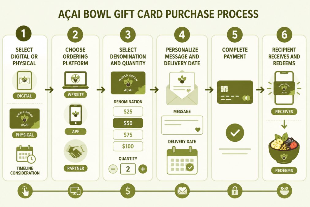Flowchart showing the gift card purchase process: Step 1 - Select Digital or Physical (with timeline consideration), Step 2 - Choose ordering platform (Website, App, or Partner), Step 3 - Select denomination and quantity, Step 4 - Personalize message and delivery date, Step 5 - Complete payment, Step 6 - Recipient receives and redeems