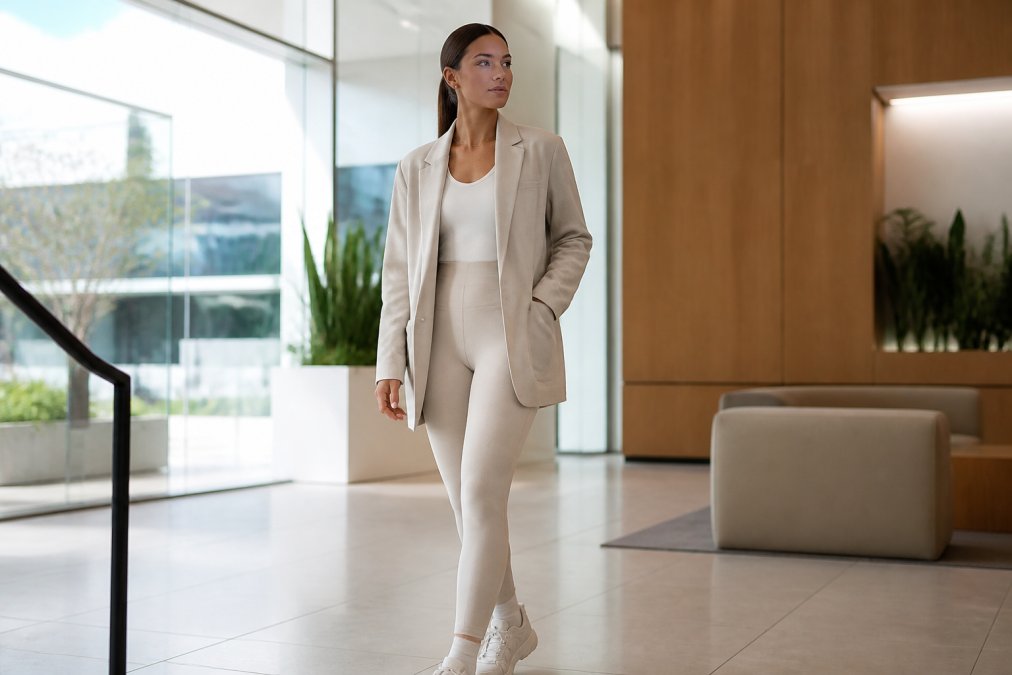 A professional woman in a minimalist neutral-toned activewear outfit, styled with a structured blazer, standing in a bright modern office lobby