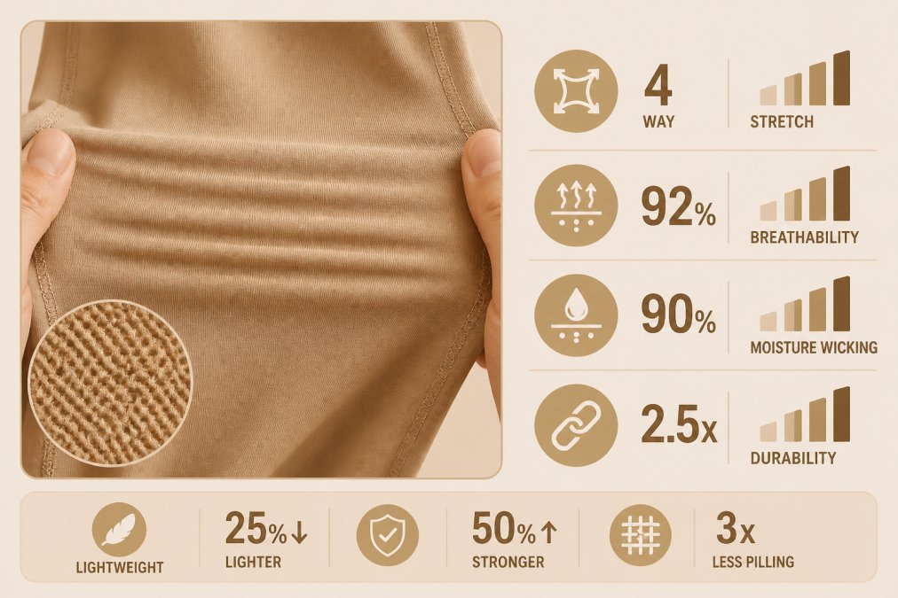 Close-up of premium activewear fabric being stretched and tested, showing elasticity and texture detail with natural lighting