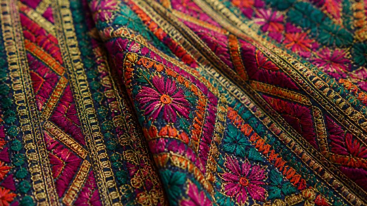 Close-up of intricate hand embroidery detail on premium Afghan fabric showing colorful silk and metallic thread work in traditional geometric and floral patterns with precise stitching