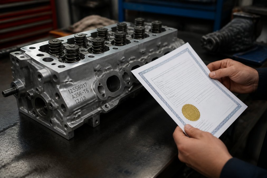 Close-up of engine component on workbench with part number markings visible, hands holding quality certification documentation beside the part in natural workshop lighting