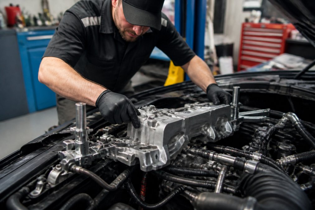 Mechanic in professional workshop carefully installing engine component into vehicle engine bay, checking alignment with precision tools and fixture points under bright workshop lighting