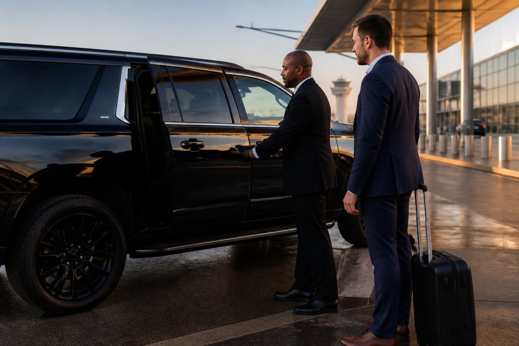 Professional business traveler in suit standing with luggage outside a luxury black SUV at an airport passenger loading zone, uniformed driver opening rear door, early morning light