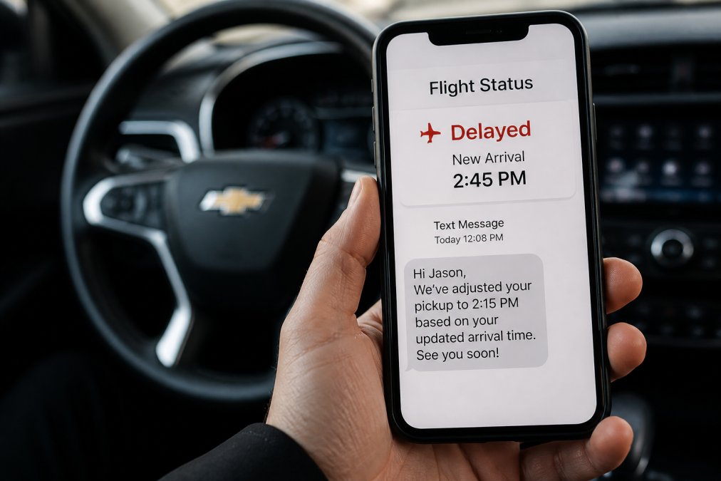 Close-up of a smartphone screen displaying flight status showing "Delayed - New Arrival 2:45 PM" with a text notification from transportation service reading "We've adjusted your pickup to 2:15 PM" visible, with car dashboard blurred in background