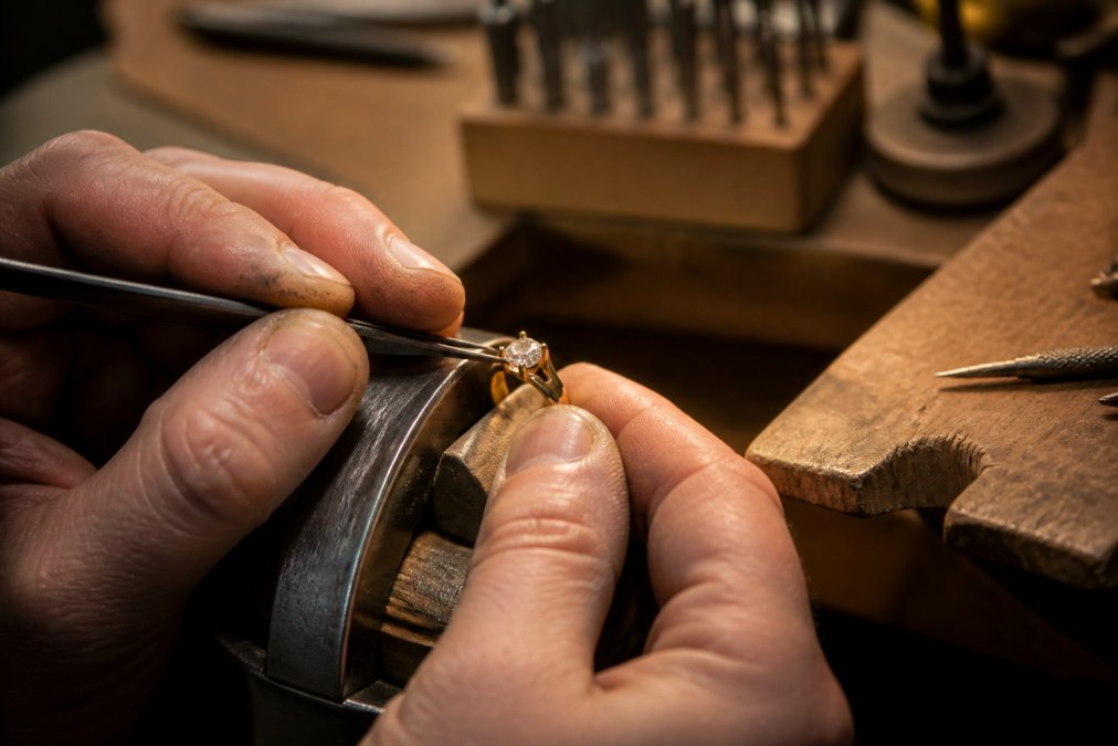 Jeweller's hands carefully setting a precious gemstone into a gold band, with soft lighting highlighting the fine detail and craftsmanship