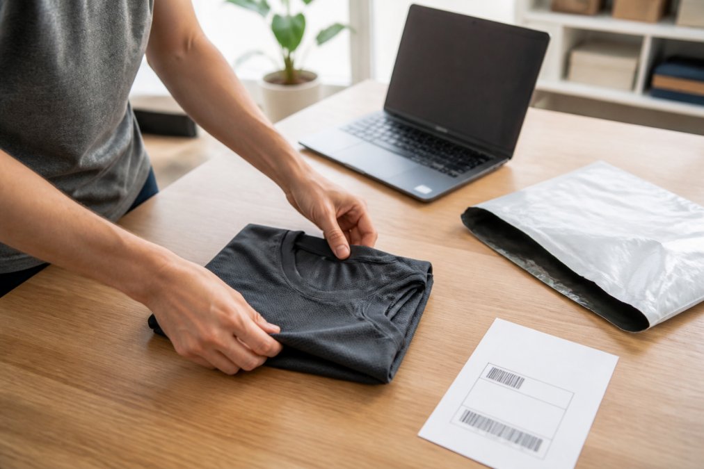 A person carefully folding a clean, unworn athletic shirt on a table next to its original packaging and a printed return label, with a laptop showing a return portal in the background
