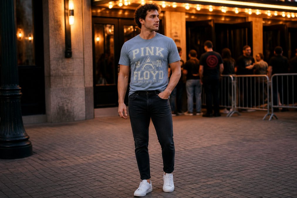 Step-by-step visual guide for venue and person and wearing concepts for athletic fit rock shirts