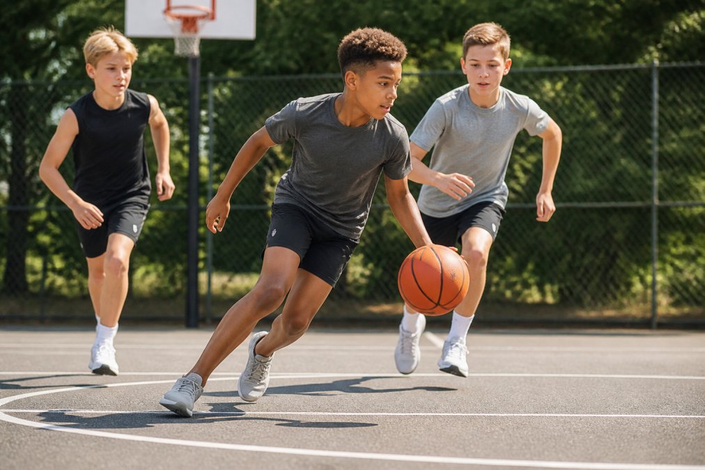 Young athletes wearing premium athletic gear during various high-intensity activities, basketball, running, and training drills, showing movement, comfort, and confidence in bright outdoor lighting