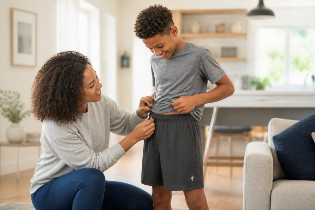 Parent and child examining athletic gear fit and comfort together in bright home setting, checking fabric stretch, waistband security, and shoulder movement range