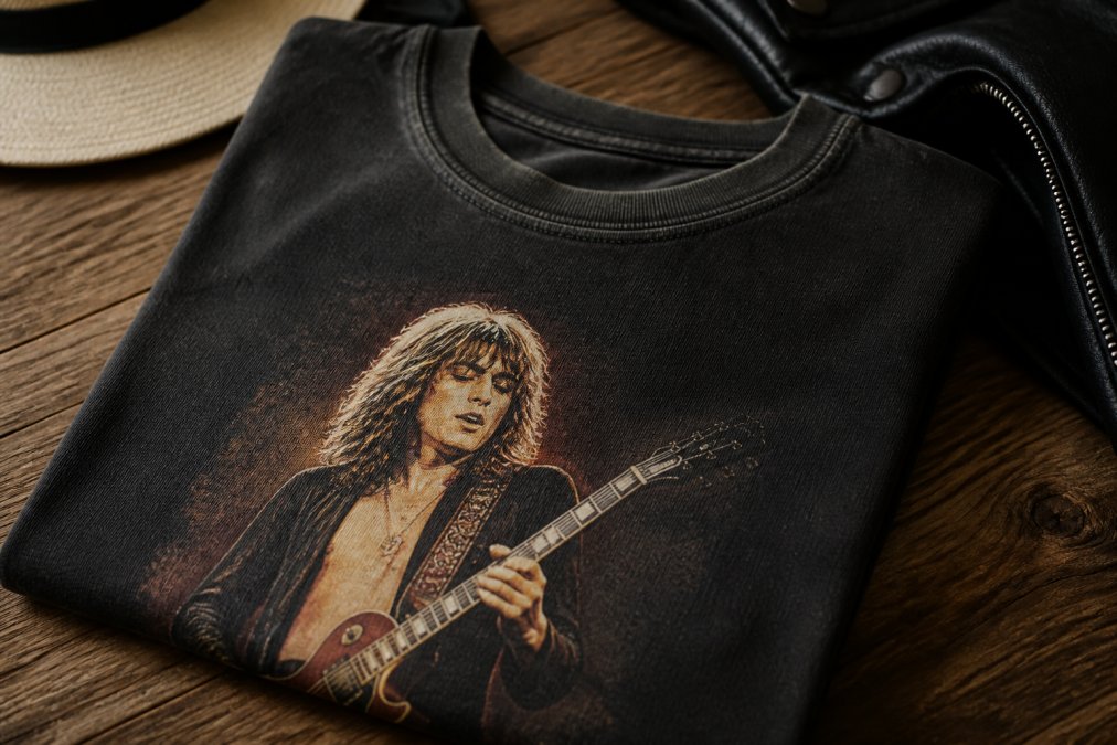 Close-up of a folded heavyweight garment-dyed graphic tee with a bold guitarist illustration on the front, placed on a wooden surface with soft warm lighting