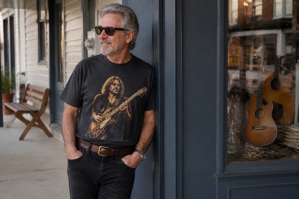 A man in his 50s wearing a vintage-style rock graphic tee tucked loosely into dark jeans, standing casually outdoors in natural daylight with a relaxed, confident expression