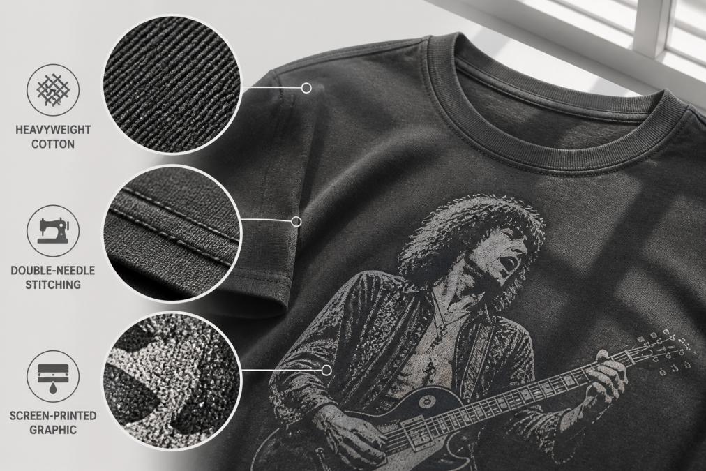 Close-up of heavyweight cotton band tee fabric showing visible weave texture, double-needle stitching detail, and screen-printed graphic under natural window lighting