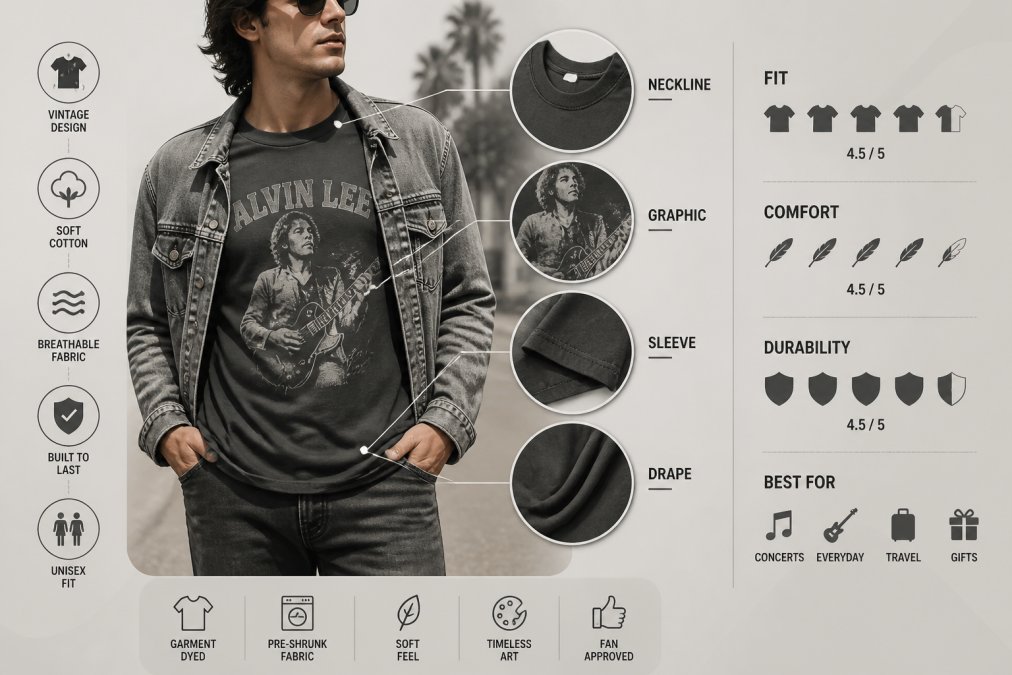 Person wearing vintage-style graphic band tee layered under worn denim jacket, standing in casual outdoor setting with natural sunlight showing how the shirt drapes and fits
