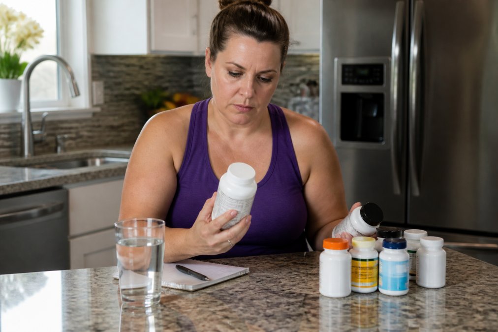 Patient reviewing supplement bottles and nutrition labels on a kitchen counter with a glass of water and notebook