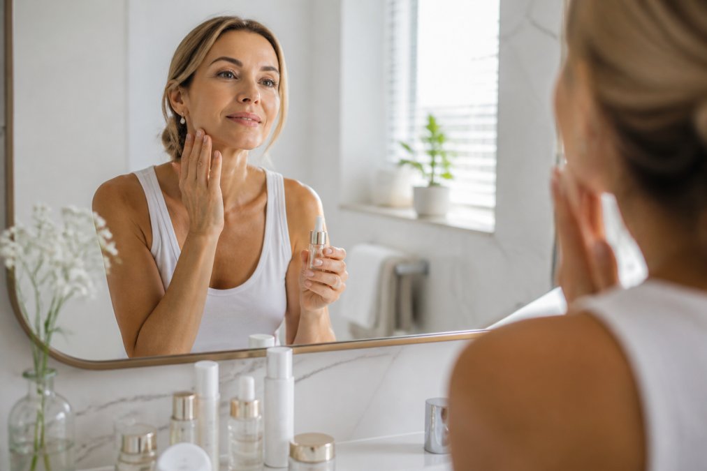Woman in her 40s applying luxury anti-ageing serum to her face in a bright, minimalist bathroom with soft morning light streaming through a window, her reflection visible in a large mirror