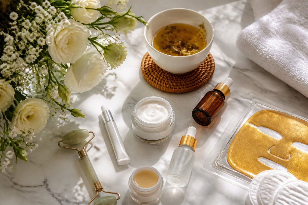 Overhead view of premium beauty products arranged on a white marble surface, including serums, moisturisers, and face masks, with a cup of herbal tea and fresh white flowers beside them, natural afternoon light