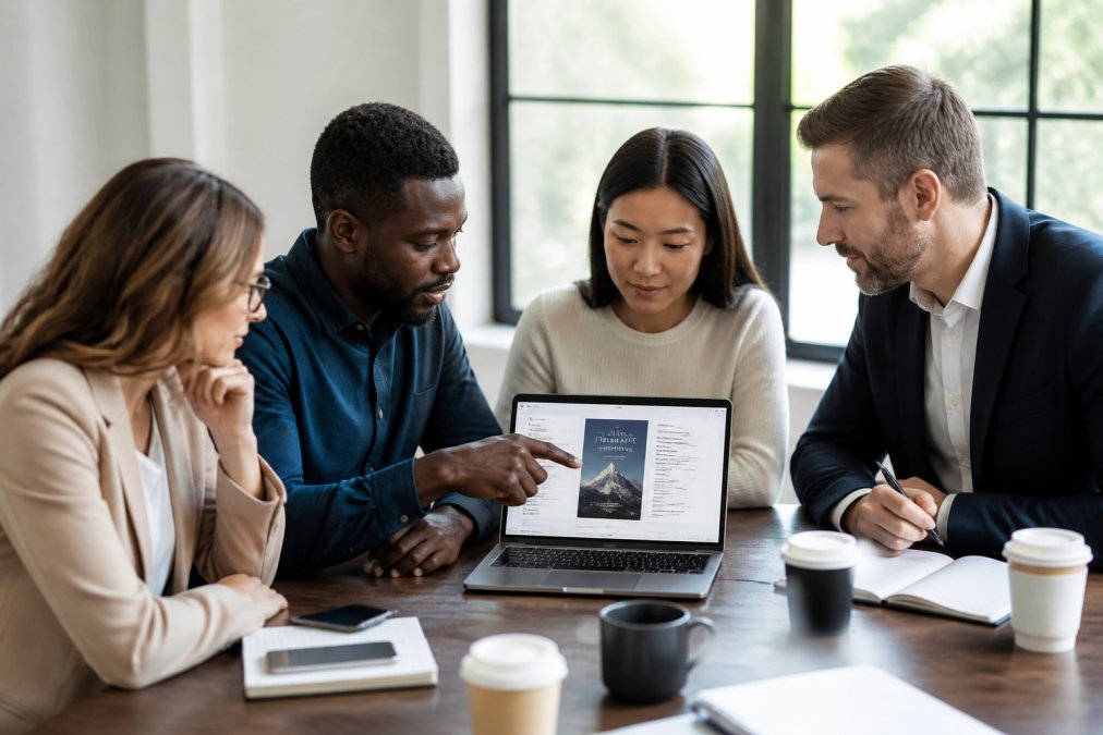 Diverse group of professionals collaborating in a modern office setting, with one person pointing at a laptop screen showing a book cover and publishing platform interface, natural window lighting