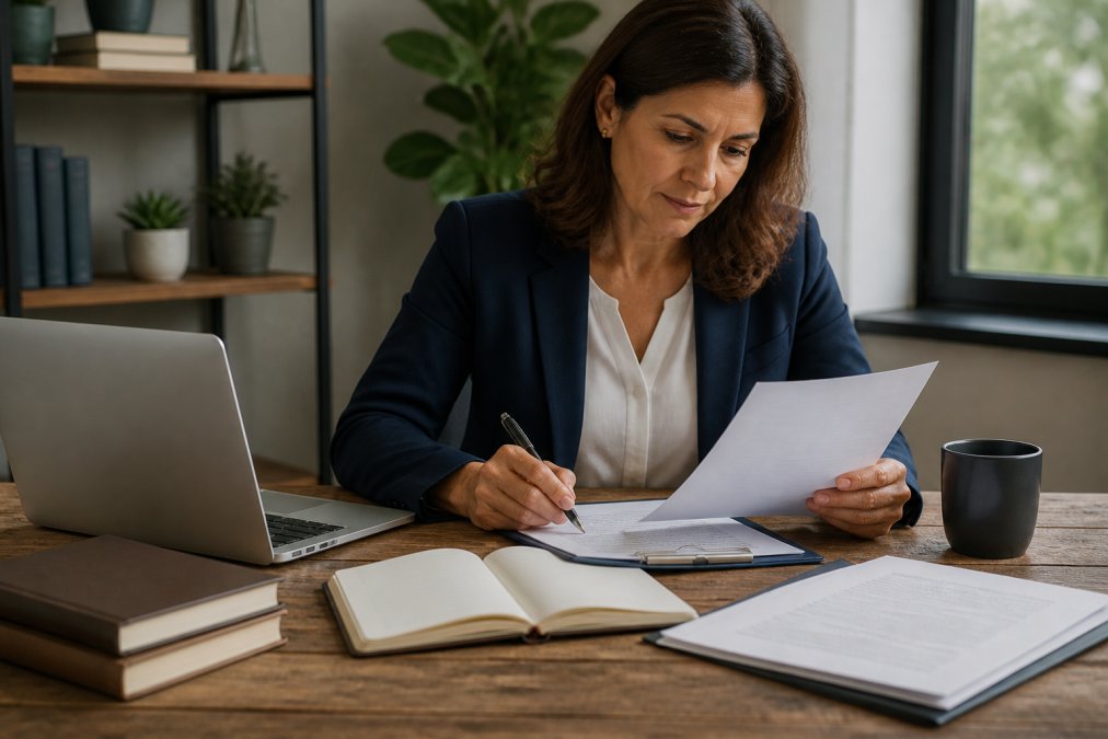 Professional consultant sitting at a desk with a laptop, notebook, and contract papers, reviewing documents and making notes while evaluating publishing options, soft natural office lighting