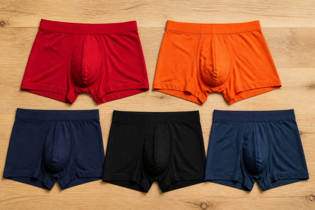 Comparison chart of five premium boxer briefs with easy access showing pouch design and fly details on wood