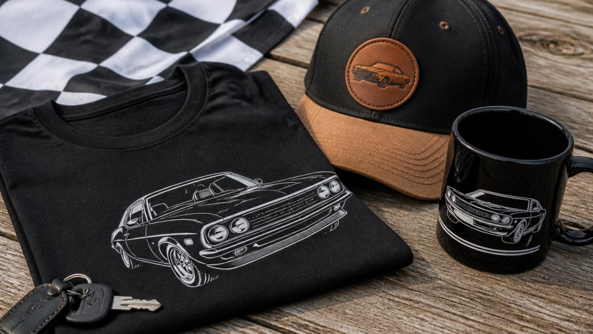 A flat-lay photograph on a weathered wooden surface showing a folded black t-shirt with a car-themed logo, a leather-patch baseball cap, and a ceramic mug with an automotive design, styled with vintage car keys and a checkered flag in the background