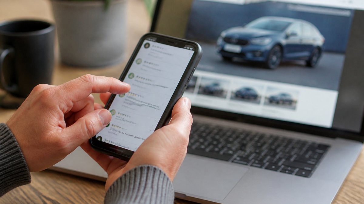 Close-up of a person's hands scrolling through customer reviews on a smartphone, with a laptop showing a car listing in the soft-focus background