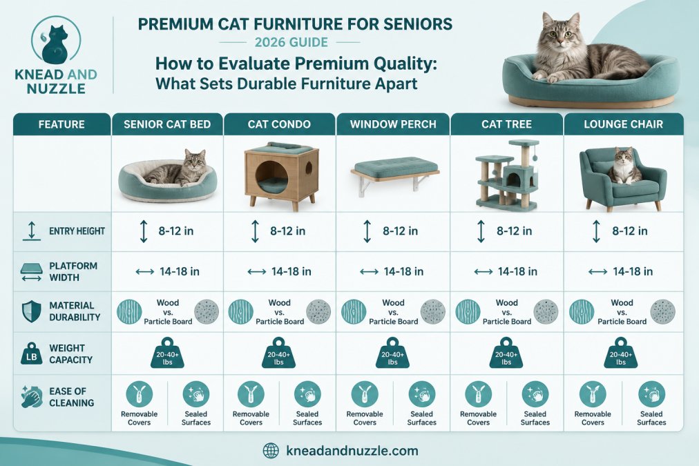 Comparison matrix evaluating criteria for premium cat furniture for seniors, including height, width, and durability.