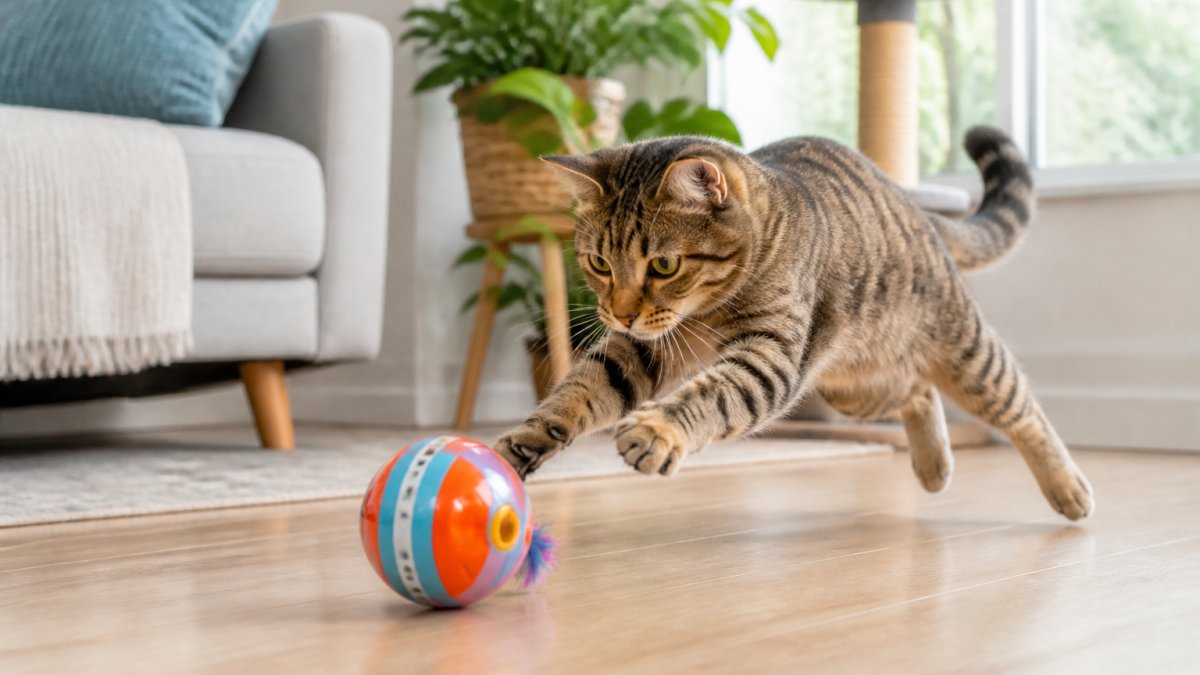 Tabby cat mid-pounce on a colorful interactive toy ball across a sunlit wooden floor in a modern living room