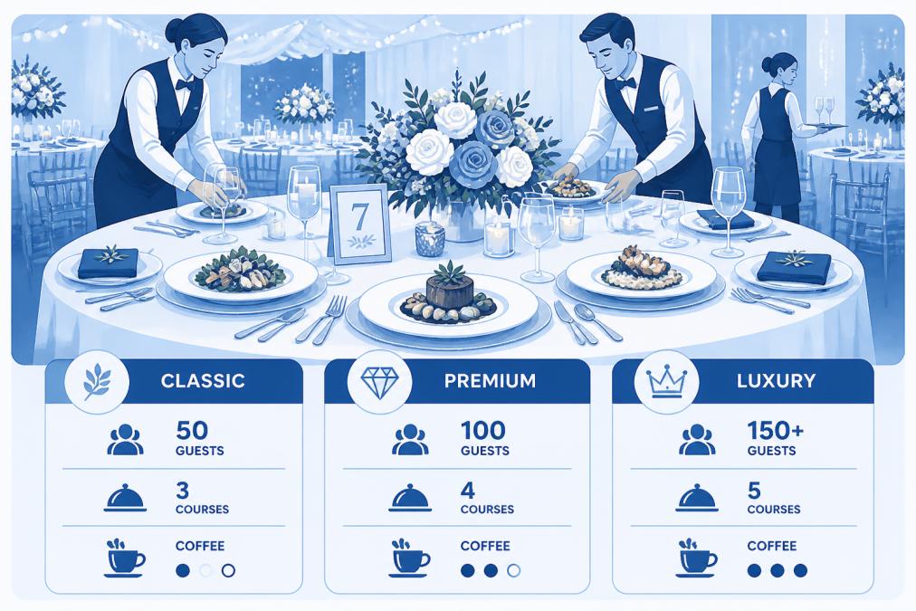 Elegant wedding reception table set with plated gourmet dishes, fresh flowers, and professional table settings with waitstaff arranging final touches in soft evening lighting