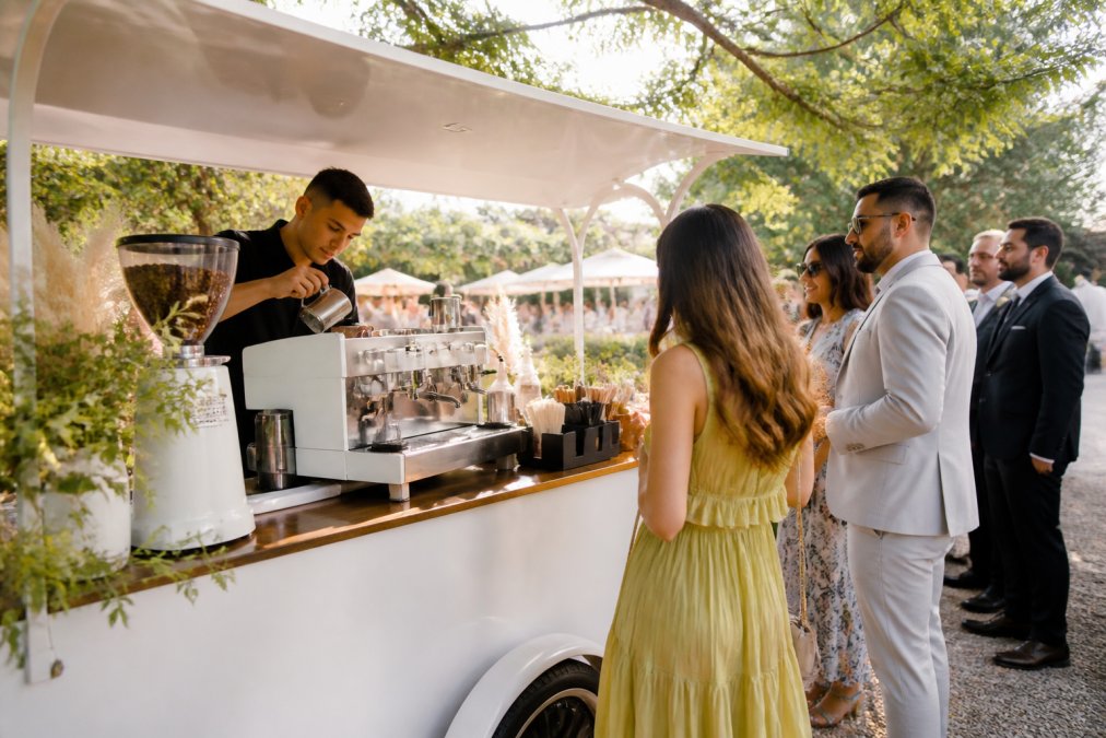 Professional barista preparing specialty espresso drinks at a branded mobile coffee cart with guests waiting in line at an outdoor garden wedding, natural daylight illuminating the setup