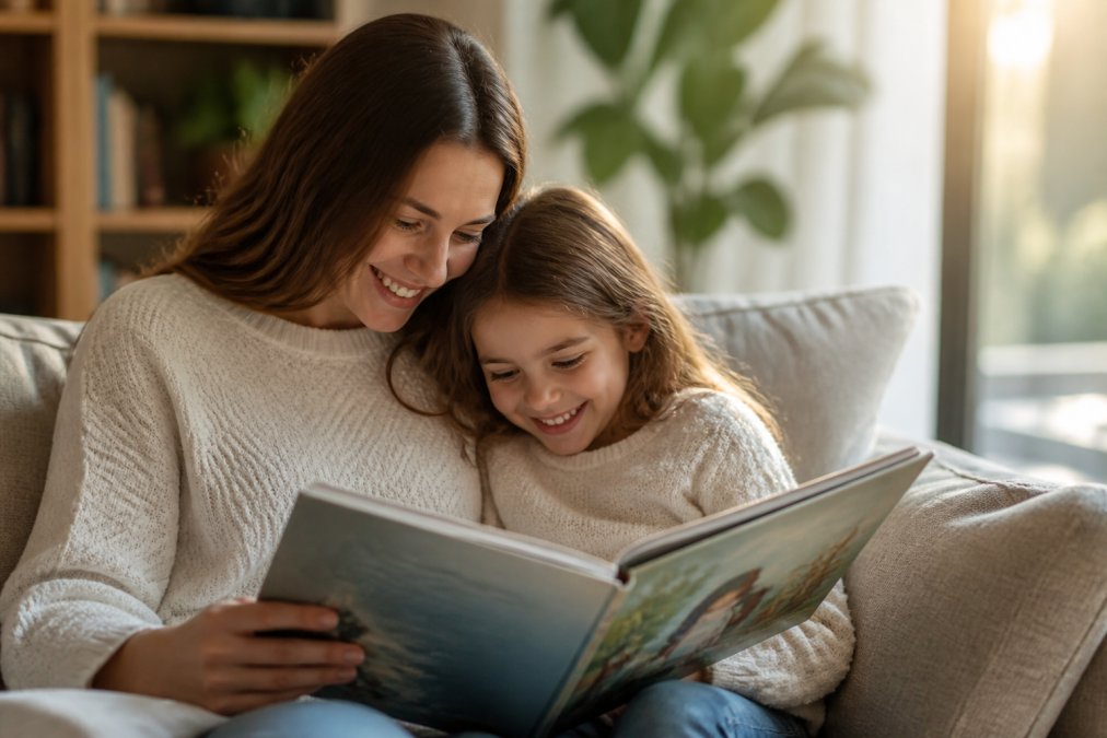 A parent and young child cuddled on a sofa reading a large illustrated hardcover picture book together, soft golden afternoon light streaming through a nearby window, both smiling at the page