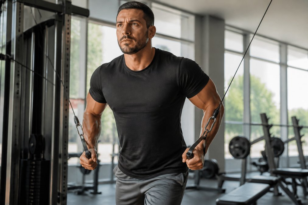 Man wearing faith-inspired gym shirt mid-workout in bright modern gym, confident posture, scripture-based chest design visible, natural lighting on muscular physique