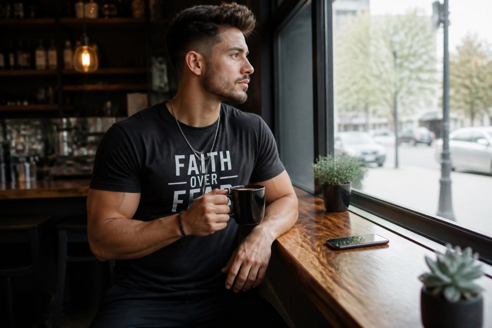 Man transitioning from gym to street wearing Christian apparel shirt, casual coffee shop setting with natural window lighting, scripture-based design visible, relaxed posture
