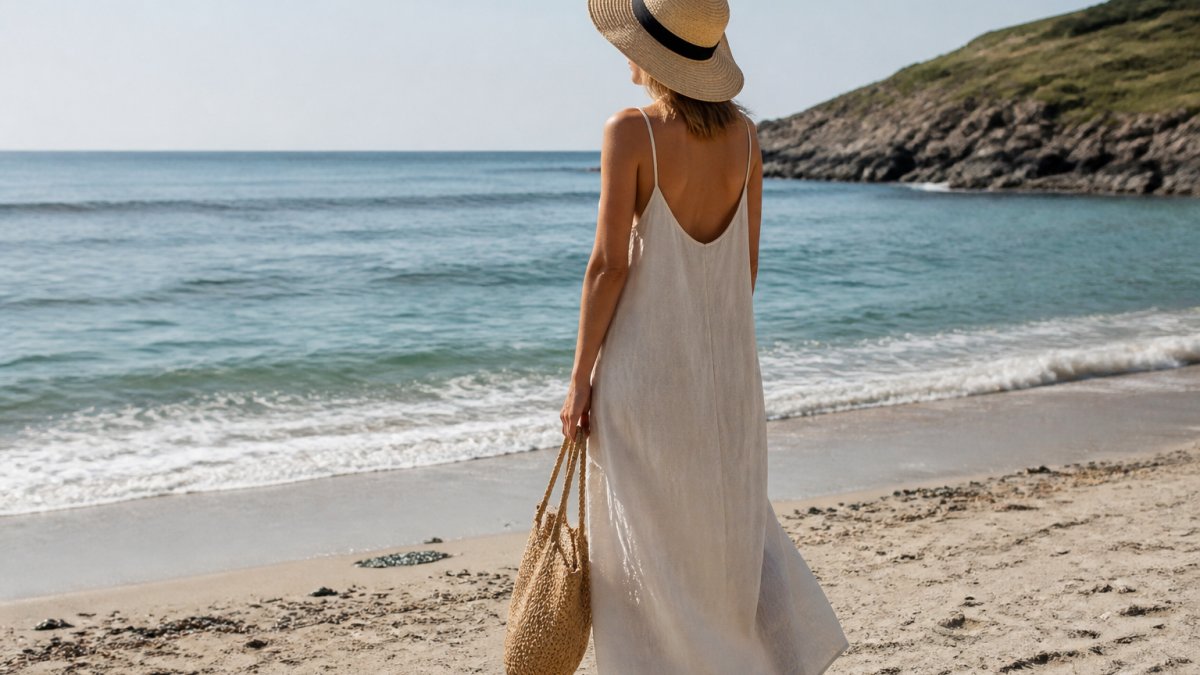 A woman wearing a breezy linen dress and a wide-brimmed hat, standing on a sandy beach with gentle waves behind her, looking out at the sea in relaxed natural sunlight