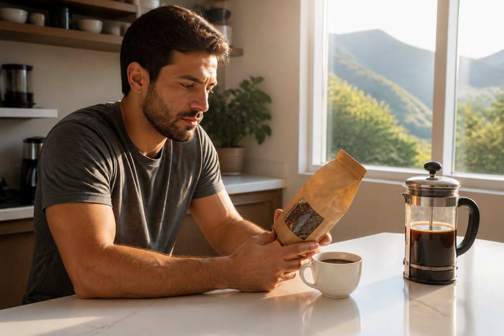 Person sitting at a kitchen counter with a fresh cup of coffee, examining a bag of specialty roasted beans with visible roast date label, morning light streaming through the window