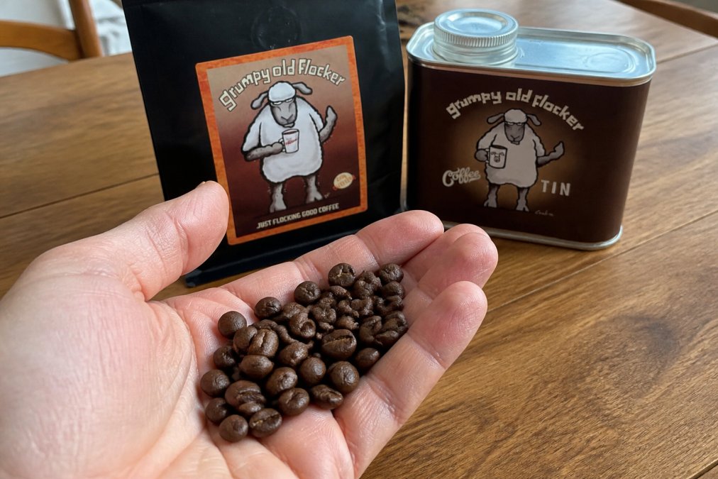 Close-up of freshly roasted coffee beans in an open palm, showing rich mahogany and chocolate tones with natural light highlighting the bean texture and slight sheen